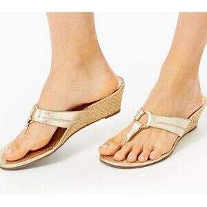 Lilly Pulitzer McKim Wedge Sandals Size 10 Metallic‎ Gold Leather Cork Resort